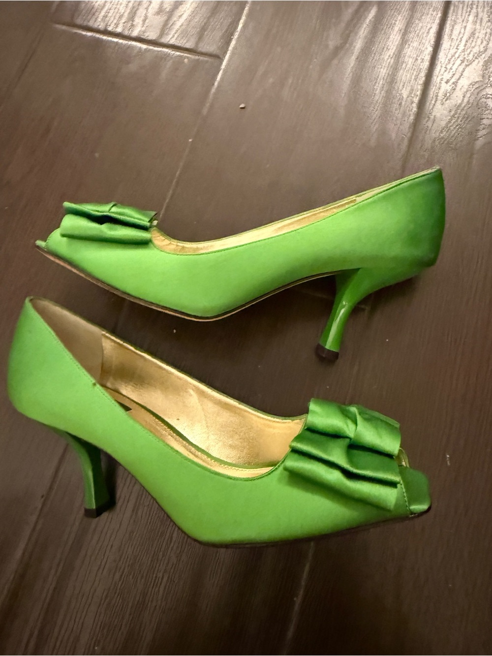 Glint Lime Green Satin Peep-Toe Pumps with Bow Detail